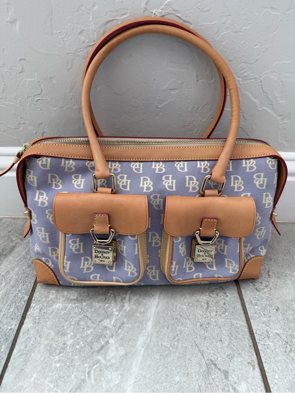 Vintage Y2K Dooney & Bourke Double Pocket Satchel Purple Lavender Tan Trim